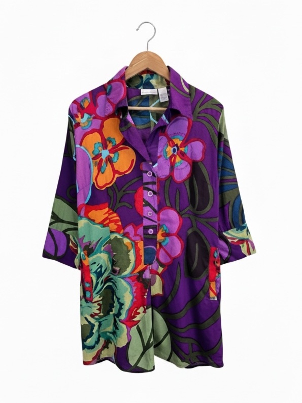 Soft Surroundings Womens Cotton Floral 3/4 Sleeve Tunic Medium Colorful Tropical